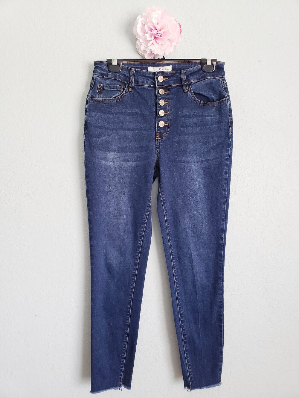 Kancan High Rise Dark Wash Button Fly Raw Hem Skinny Jeans